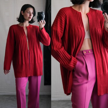 Vintage 90s ADRIENNE VITTADINI Red Silk & Wool Blend Textured Stripe Knit Longline Open Cardigan | 1990s Designer Womens Cozy Soft Sweater 