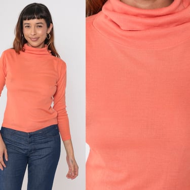 Salmon Orange Turtleneck Shirt 70s Semi-Sheer Top Long Sleeve 1970s Funnel Retro Turtle Neck Top Vintage 1970s Simple Plain Small 
