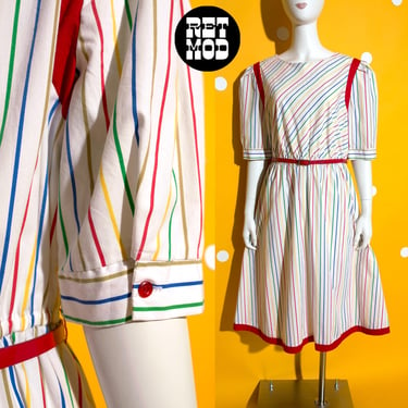 Fantastic Vintage 70s 80s Rainbow & White Stripe Fit and Flare Mid-Length Dress 