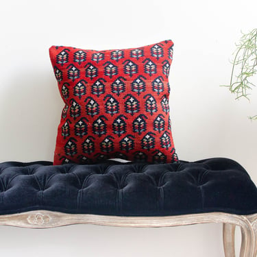 Vintage 16” x 15.5” Decorative Pillow Cover Boteh Paisley Red Navy Hand-Woven Kilim Pillowcase 1950s 