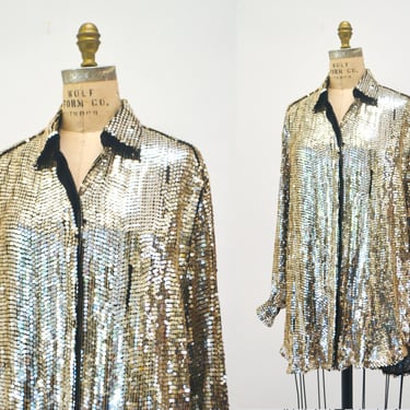 70s Vintage Gold Silver Sequin Shirt Button Down Metallic Sequin Party Disco Top Shirt  Sequin Grunge Button down top 