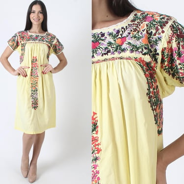 Yellow Cotton Oaxacan Dress, Floral Hand Embroidered, Authentic Mexican Puebla Sundress 