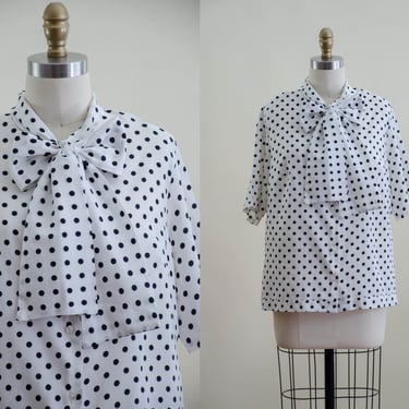 80s tie neck blouse | silky black and white polka dot ascot bowtie academia clothing short sleeve vintage blouse 