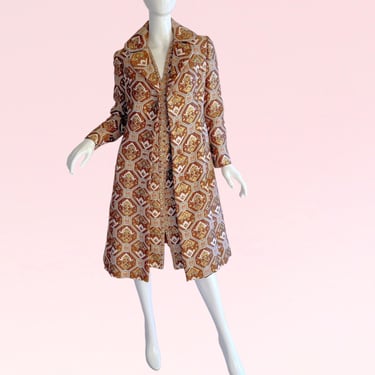1960s Vintage Carlye Brocade Metallic Beaded Rhinestone Dress and Coat  Suit Medium, Gold Mod Geometric Set Medium 