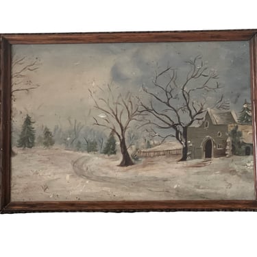 Vintage Framed Scenic Painting on board patina Art forest trees house calming neighborhood 