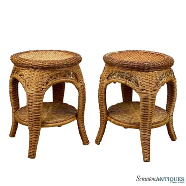 Vintage Coastal Boho Natural Wicker Round Plant Stand End Tables - A Pair