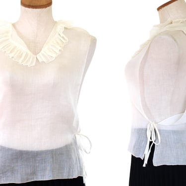19th Century Chemisette Sheer Linen Blouse with Ruffled Collar and Open Sides - XS 