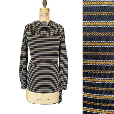 1970s cowl neck shirt, black and gold, vintage tunic, 70s striped top, disco style, medium, lurex polyester, 36 