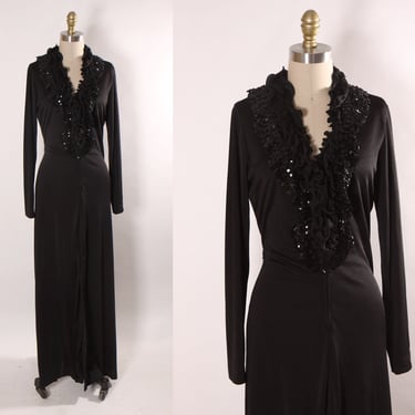 1970s Black Long Sleeve Ruffle Collar Sequin Detail Full Length Middle Slit Dress by Lynn Stevens -L 