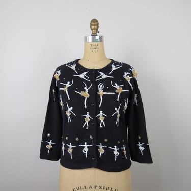 Vintage Y2K cardigan sweater Michael Simon ballerina embroidered beaded cotton size medium 