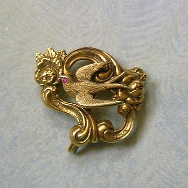 Antique 14k Gold and Ruby Swallow Bird Watch Pin, Nouveau Bird Brooch Pin With Ruby Eye, Antique 14K Gold Bird Pin (#4430) 