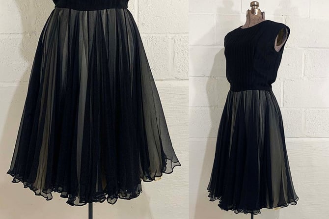 Vintage Black Dress Mollie Parnis Evening Holiday Party Designer Lace Sheer Sleeveless Cocktail New Year's Goth Chiffon Medium 1960s 