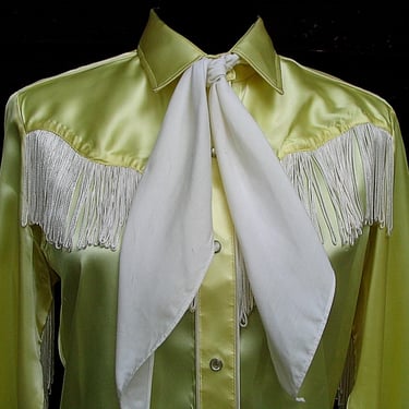 Tem Tex Vintage Western Cowgirl Shirt, Rodeo Queen Blouse, Shiny Lemon Yellow, White Fringe, 14-16, Approx. Medium (see meas. photo) 