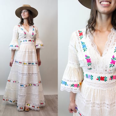 1970s mexican WHITE COTTON embroidered dress medium | new spring 
