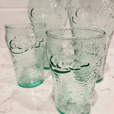 Set of 4 Vintage Embossed Coca Cola Coke Textured Juice Light Green Glasses Collectible Advertising Miniature Mini by LeChalet