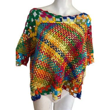 Vintage KNIT LOOM Top, rainbow knit loom top, festival top, tunic rave top, rainbow weaved knit top 