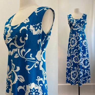 Vintage 60s HAWAIIAN Maxi Dress / Pool Blue + White Barkcloth / Empire Waist + Bow Detail / Made in Hawaii 