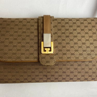70’s 80’s Gucci purse Shoulder bag leather & cloth vintage designer handbag~ Made in Italy slim petite slender rectangular Micro GG logo 