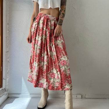 90s 'Tabi' Pink Floral Print Rayon Maxi Skirt / Small 