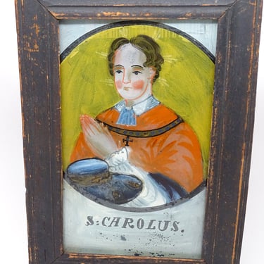 Antique 1800's Retablo Reverse Painting on Glass,  S. Carolus, Antique Religious Icon, St. Charles Borromeo 