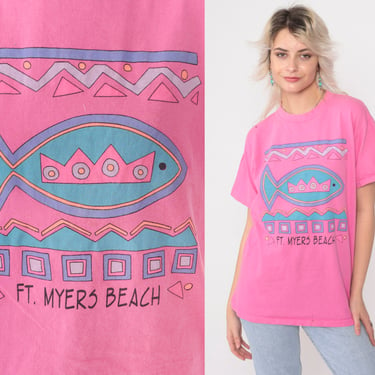 90s Fort Myers Beach T-Shirt Hot Pink Tropical Fish Shirt Graphic Tee Florida Tourist Travel Geometric Vintage 1990s Fresh Produce Medium 