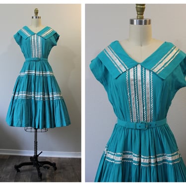 Vintag 1940s 50s Miss Virginia Frocks Turquoise Silver Patio dress circle skirt southwestern  // Modern Size 0 2 4 xs 