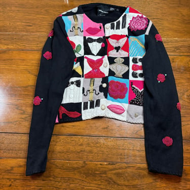 Vintage Michael Simon Black Beaded Glamour Cardigan Sweater 