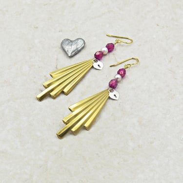 Large Art Deco Earrings, Sterling Silver Heart Charm Earrings, Bold Jewelry, Pink Beaded Earrings 