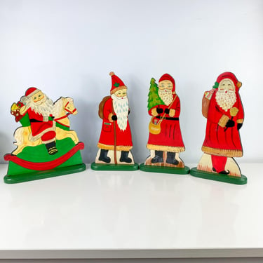 Vintage Christmas Enameled Santa Wooden Hand Painted Plaque, Set of 4, Old World Santa Claus Christmas Wood Cut Out Decor, Hand Painted 