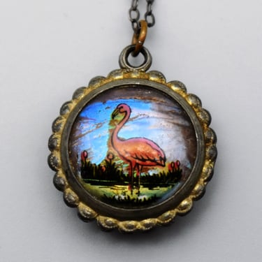 50's morpho butterfly reverse painted lucite two sided pendant, pot metal flamingo & palm tree souvenir necklace 