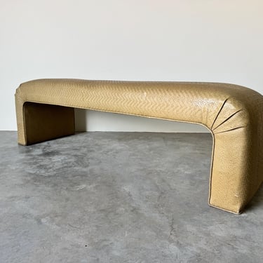 1980s Postmodern Woven Leather Pattern Upholstery Bench 