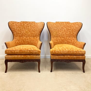 antique large wingback (2) arm chair pair carved wood victorian modernist 