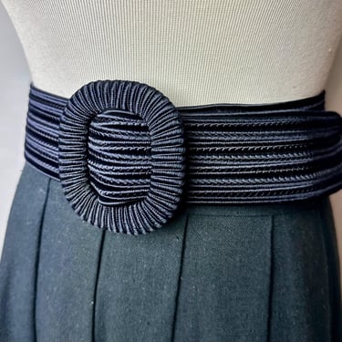 Vintage woven cloth belt~ satin finish Blue-black ribbed~ dressy belt A perfect cinch style polished look/ Medium 