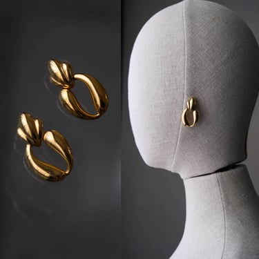 Vintage 80s TRIFARI Signed Gold Nouveau Post Earrings | Statement Piece, Donna Karan, Anne Klein | 1980s Old Money, Designer Jewelry Studs 