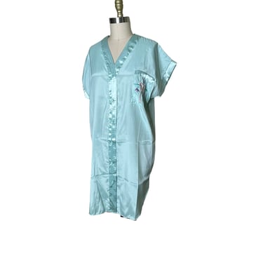 Vintage Natalie Creations Blue Satin Embroidered Nightgown; Size Large 