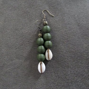 Wooden and cowrie shell earrings, army green 