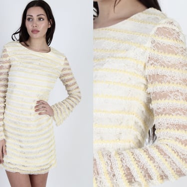 60s Sheer Floral Lace Mini Dress / Yellow Striped Bell Sleeve Wedding Sheath Short Gown 