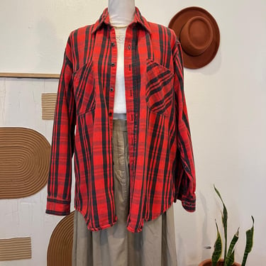 Vintage 90s St. John's Bay Red Cotton Plaid Flannel Oversized Button Down Shirt 