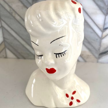 White and Red Vintage Lady Head Vase Glamour Girl, White with Red Accents, Polka Dots, 50s Woman Face Planter, Retro, Mid Century Home Decor 