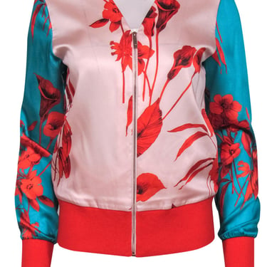 Ted Baker - Pink, Red & Teal Floral Print Satin Track Jacket Sz 4