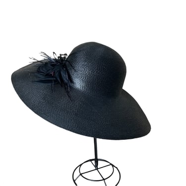 Vintage Studio Kokin New York Extra Large Brim Black Straw Hat with Plume 