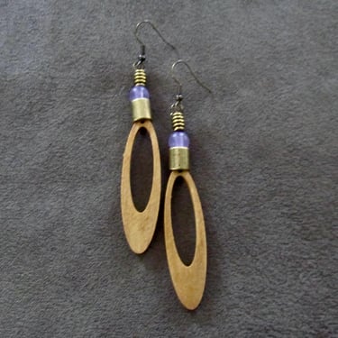 Long wood earrings, bold statement earrings, Afrocentric African earrings, geometric earrings, rustic natural earrings, bohemian, purple 