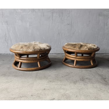 Pair of Round Bamboo Low Stools with Fur Seat - Paul Frankl 