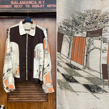 Vintage 1980’s Size XXL 1950’s Retro Style Barkcloth Rockabilly Jacket, Atomic Pattern, 80’s Vintage Clothing 