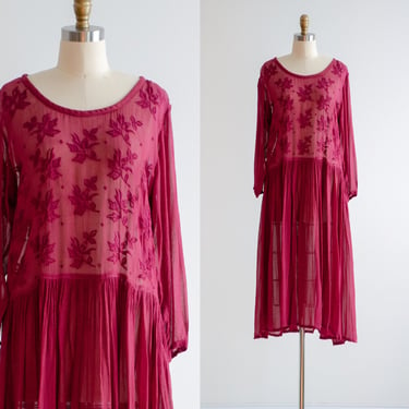 oversized sheer dress 90s vintage burgundy embroidered boho midi dress 