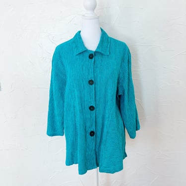 80s/90s Textured Linen Turquoise and Black Striped Button Down Shirt with Pleated Front | Large/Extra Large 