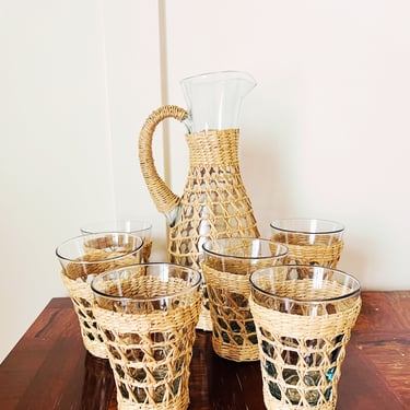 Vintage Wicker French Carafe and Tumbers Set