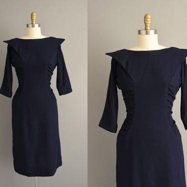 vintage 1950s dress | Gorgeous Navy Blue Wool Cocktail Party Wiggle Dress | Large | 50s dress 