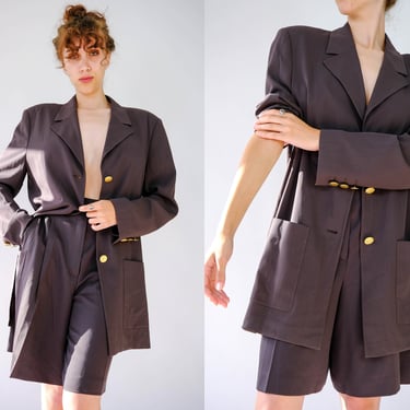 Vintage 90s Escada Espresso Brown Wool Gabardine Power Short Suit w/ Gold Buttons | Made in Germany | Boxy Flare Fit | 1990s Designer Suit 