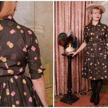 1950s Dress - Vintage 50s Smart Novelty Print Shirtwaist Day Dress in Canceled Postage Print 